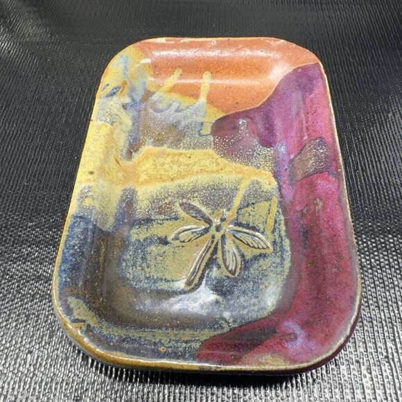 Vintage Hand Made Stoneware Pottery Dish Tray Artist Signed Embossed Butterfly - Picture 12 of 16